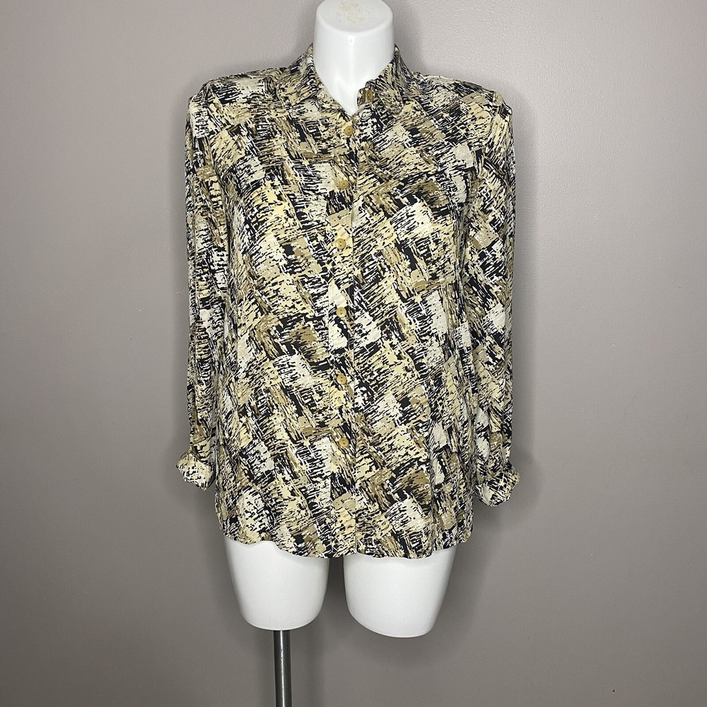 Koret Womans long sleeve button down collard shirt, Size 12 Gold Black Brown